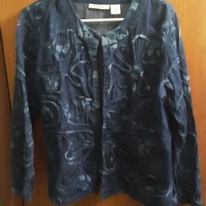 Women's VTG Y2K Tantrums Navy Blue Embroidered Abstract Pattern Denim  Jacket L‎
